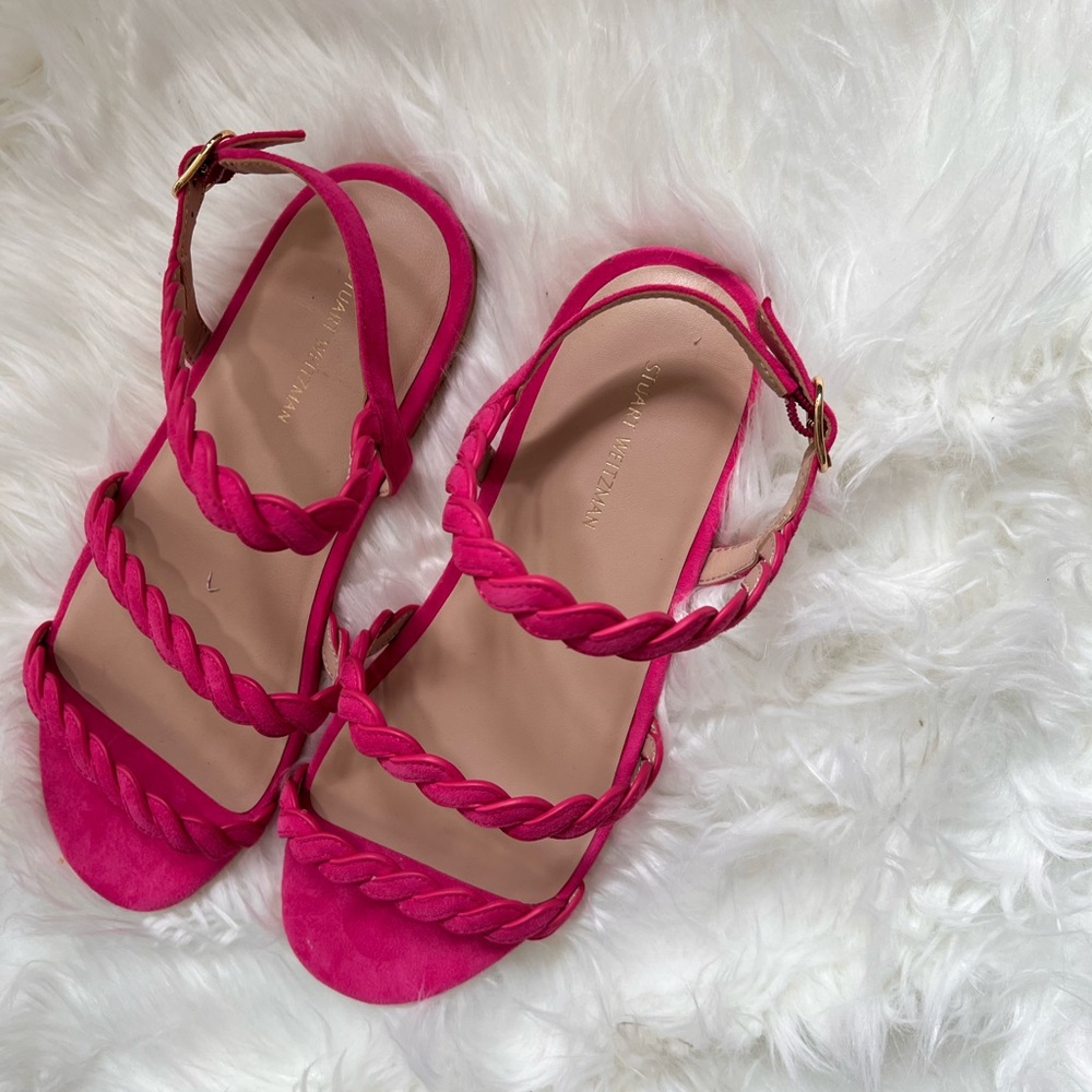 NWT Stuart Weitzman Pink Braided Strap Sandals Size 8 Suede Flat Summer Sandal - Picture 8 of 9
